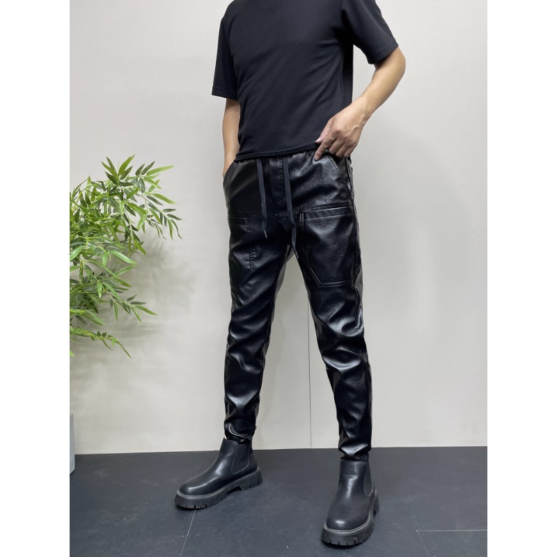 秋冬季男士加绒保暖外卖骑手机车防风防雨皮裤痞帅宽松工装哈伦裤