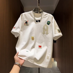 短袖 夏季 圆领半袖 百搭简约痞帅字母刺绣正肩T恤男士 上衣 2026新款