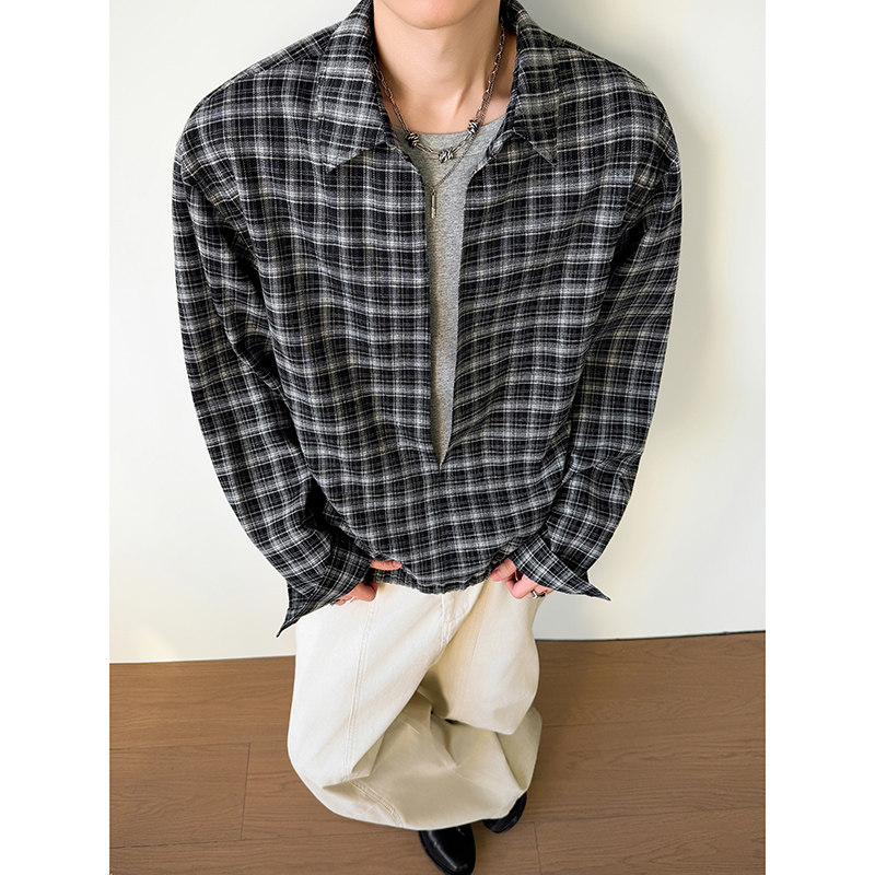 模特图~春季格子套头衬衫假两件卫衣YJ6012/P78，男装衬衫，电商B331