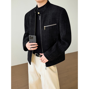 模特图~2026春季垫肩小香风双开拉链立领夹克外套 YJ6004/P115，男装夹克，电商B331