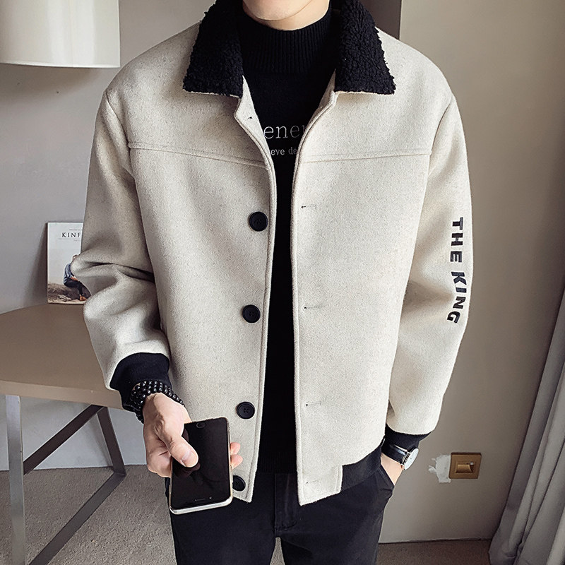 Autumn winter coat male lamb wool collar woolen windbreaker short tweed coat