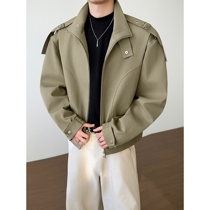 模特图~春季双头拉链设计阔版简约肩宽外套YJ6024/P98，女装短外套，电商B331