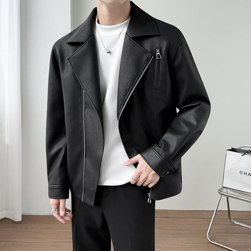 模特图~春季加厚软皮斜拉链翻领设计机车服夹克K8810/P118,男装夹克,电商B331