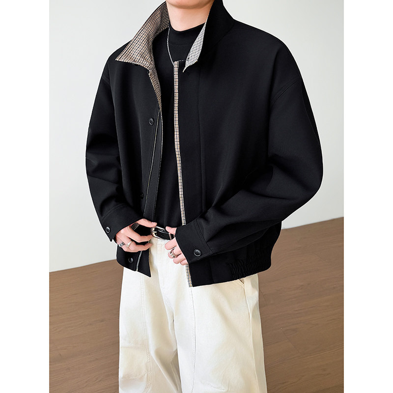 模特图~2026春季千鸟格拼色立领夹克外套YJ6019/P98，男装夹克，电商B331