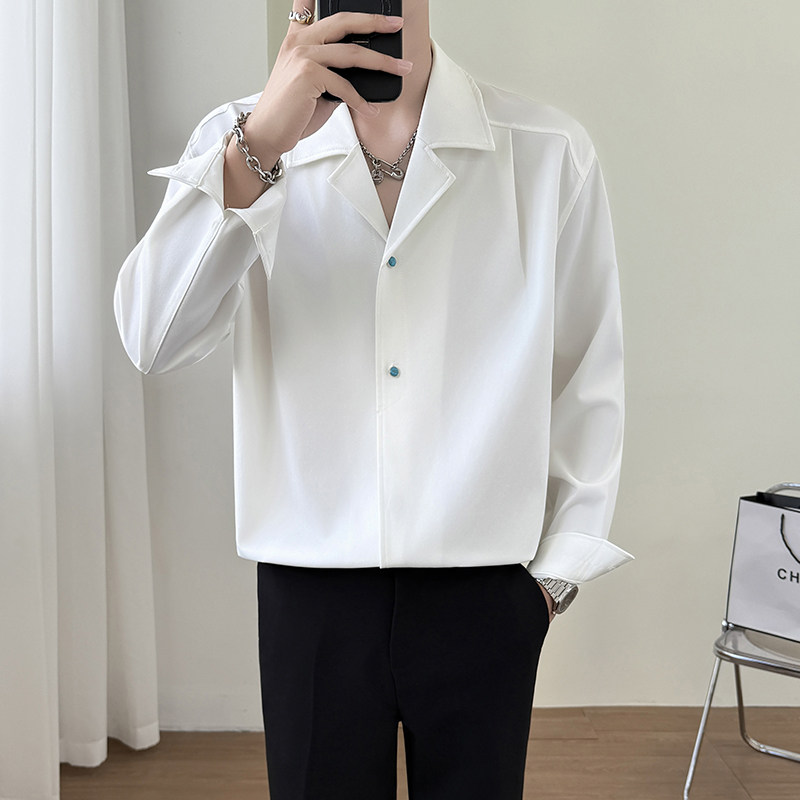 模特图~春季绿松石扣设计西装领长袖衬衫CS2207/P55,男装西服套装,电商B331