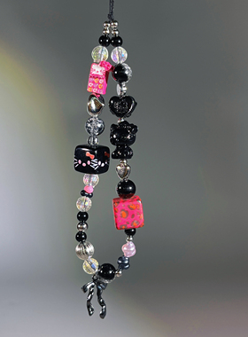 暗黑KT猫甜酷爱心串珠手机链豹纹少女挂绳可爱挂链挂件手机挂绳