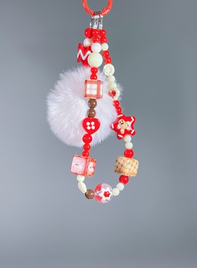 秋冬款毛绒球红色格纹星星姜饼人串珠手机链装饰钥匙扣挂件包挂件