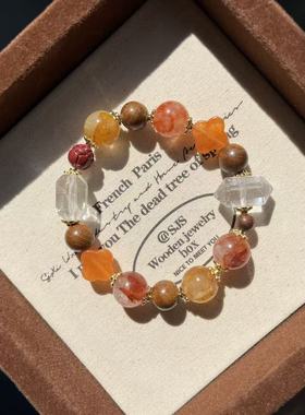 金色流年天然水晶朱砂白木手串
