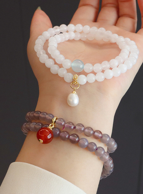 新中式双圈烟紫灰玛瑙手链白石淡水珍珠高级感简约串珠手串手饰品