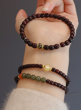 天然桶珠小叶紫檀木手串佛珠搭配天然和田玉蜜蜡手链高级文玩饰品