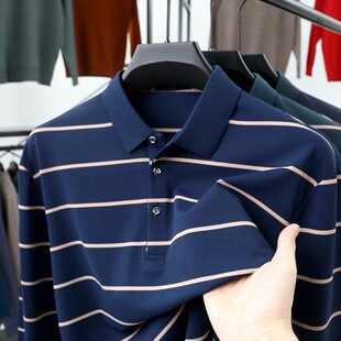 春秋长袖男式上衣中老年男装条纹polo衫翻领宽松秋衣撞色爸爸装