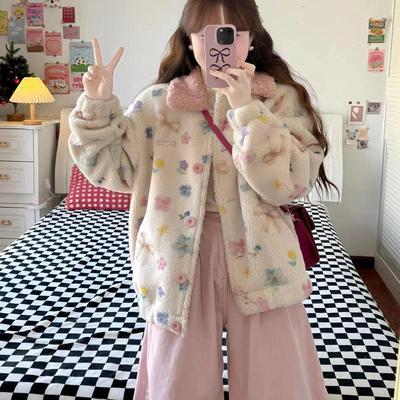 冬季新款宽松加厚翻领印花上衣女小个子超好看羊羔毛加绒开衫外套