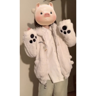 可爱兔子耳朵羊羔毛连帽外套女冬季甜美软妹保暖棉衣加绒加厚棉服