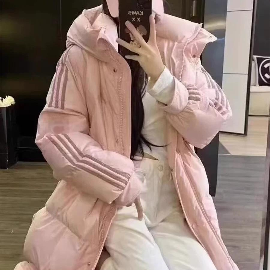 羽绒服少女冬装2024新款三条杠中长款韩系过膝加厚保暖白鸭绒外套