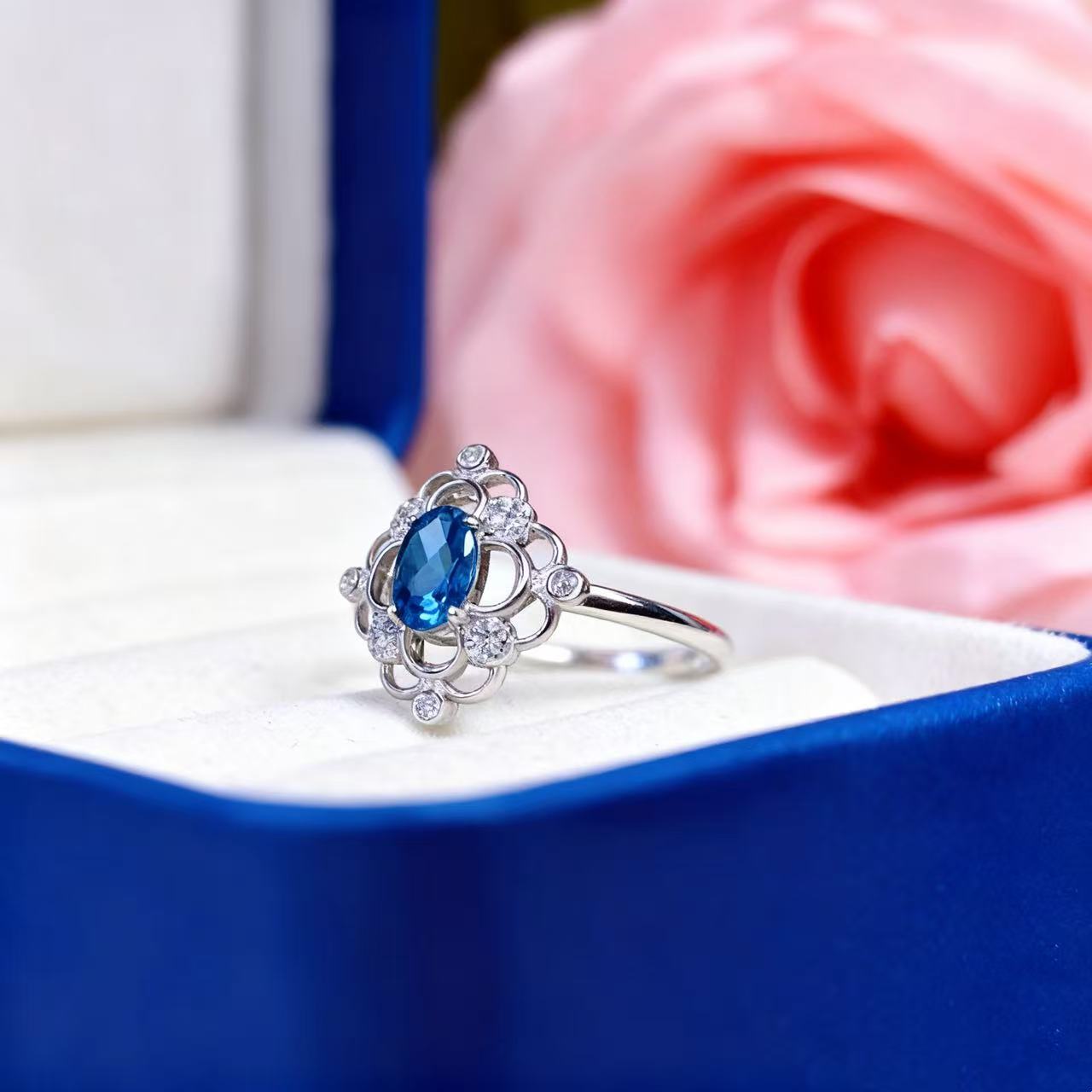 s925银天然托帕石戒指伦敦蓝女款日韩时尚个性指环活口