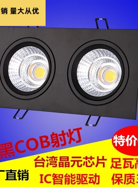 黑色双头射灯led可调角度天花灯嵌入式格栅吊顶COB斗胆灯长方形