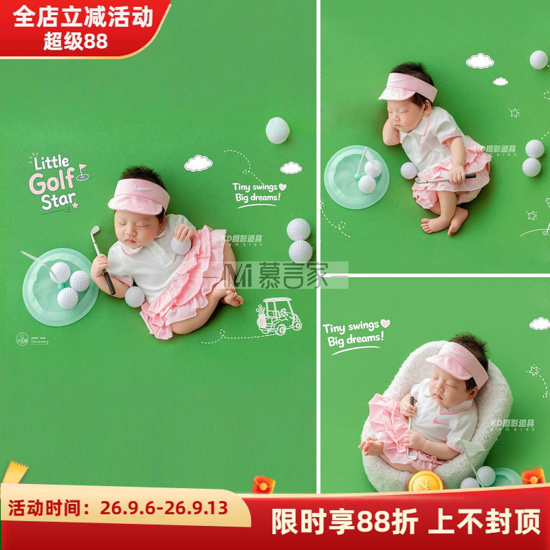 KD儿童摄影运动风高尔夫小球手主题婴儿粉色短裙套装新生儿满月照