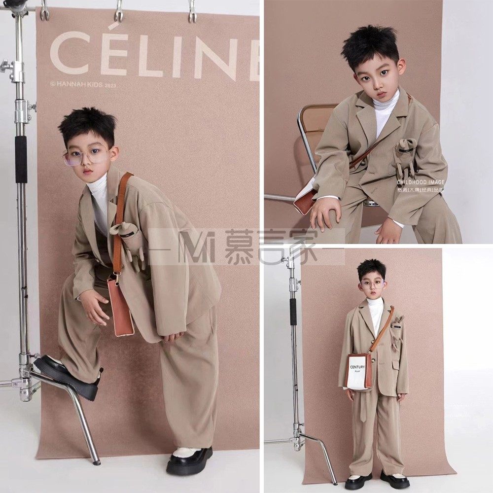 儿童摄影服装时尚咖色小兔休闲西服套装男童模卡走秀三件套