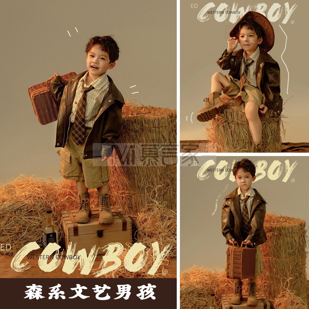 中小童咖色油画港风皮衣套装