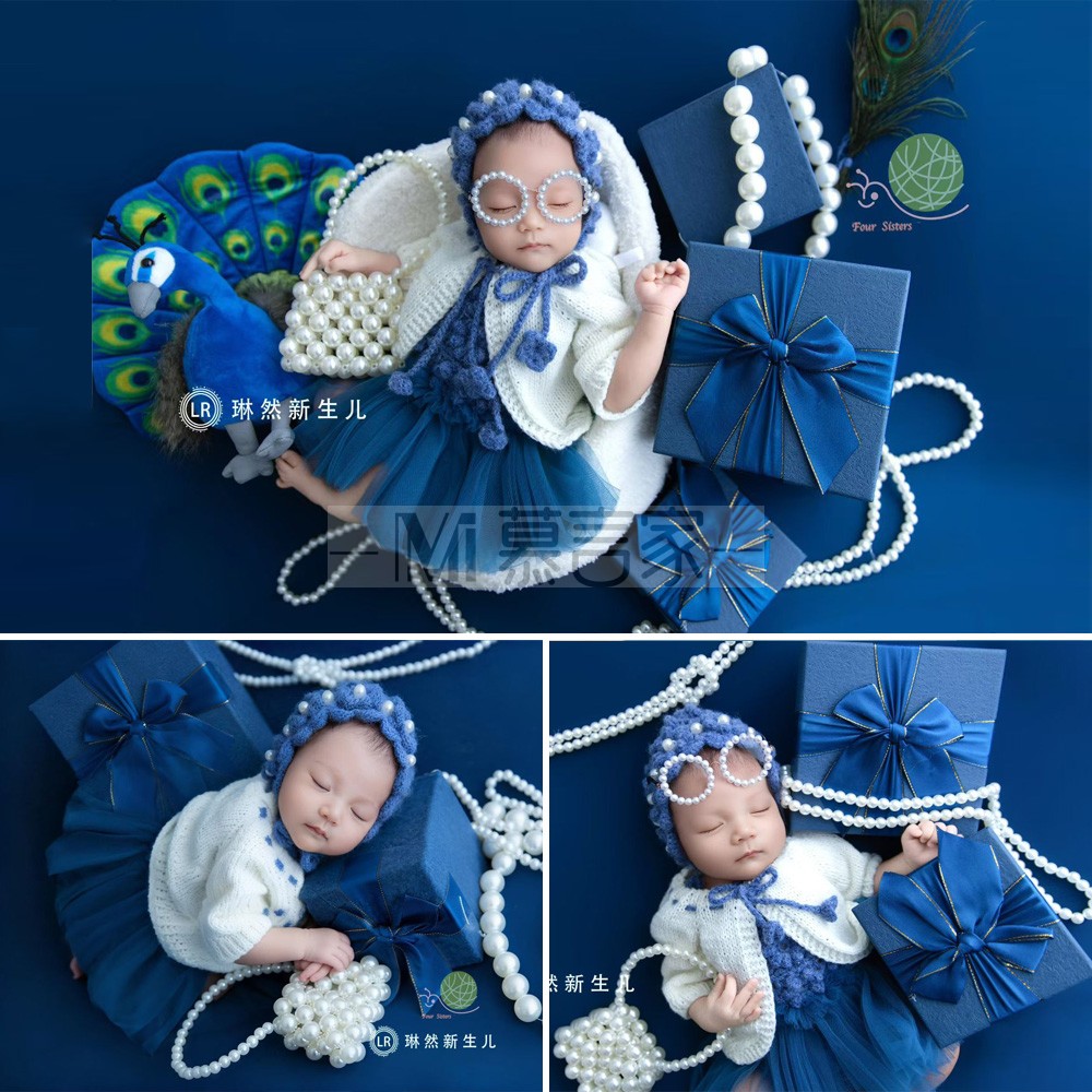 新生儿蓝色珍珠礼盒儿童摄影服装女孩公主风纱裙套装影楼拍照写真