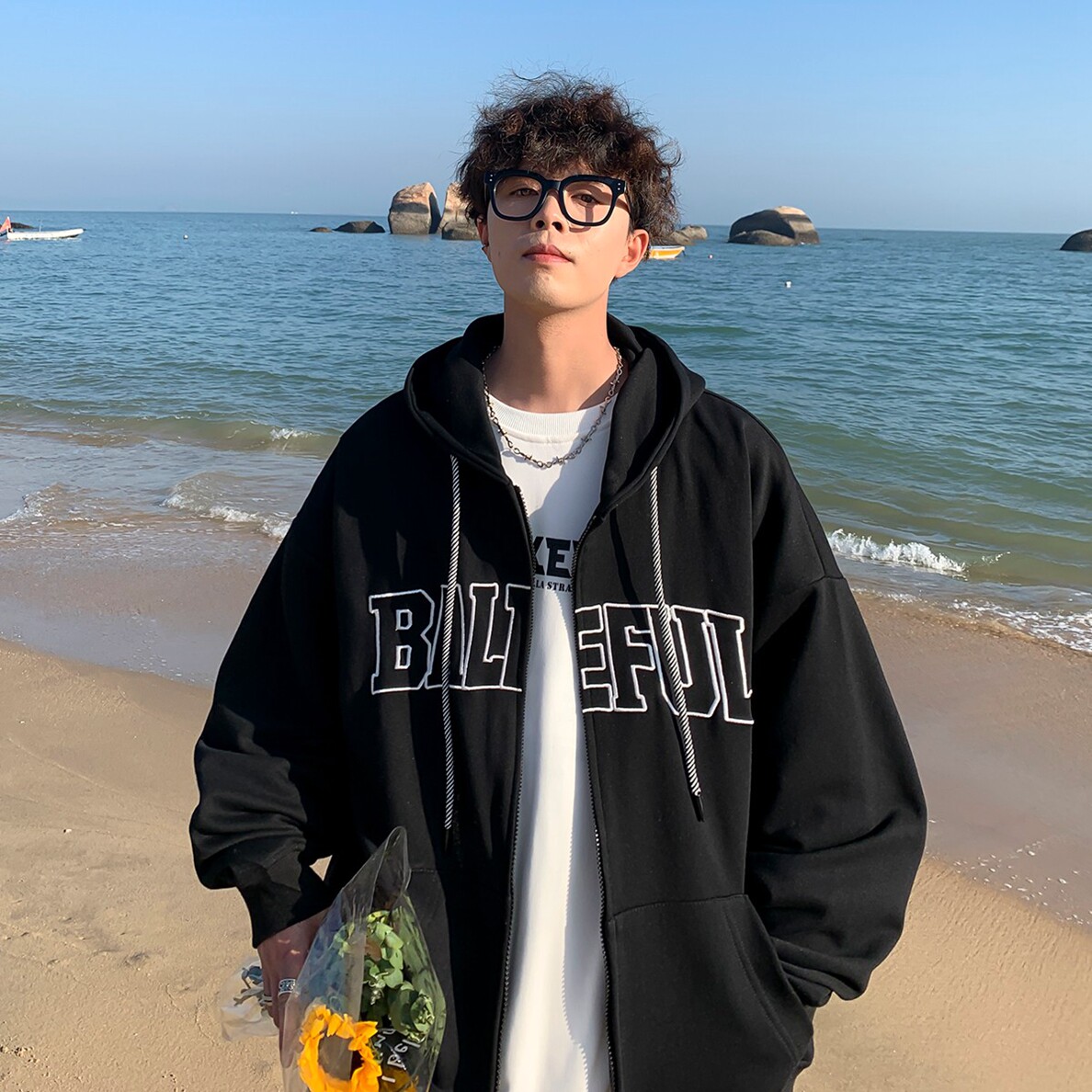 春秋季开衫连帽卫衣男女潮牌字母印花oversize原宿风休闲运动外套