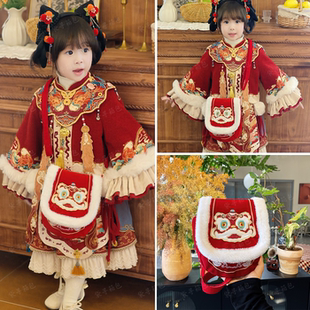 儿童新年斜挎包刺绣醒狮包中式男女童过年压岁钱包小女孩外出拜年