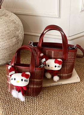 女童包包2026新款斜挎包儿童红色格子水桶手提包时尚小女孩拜年包