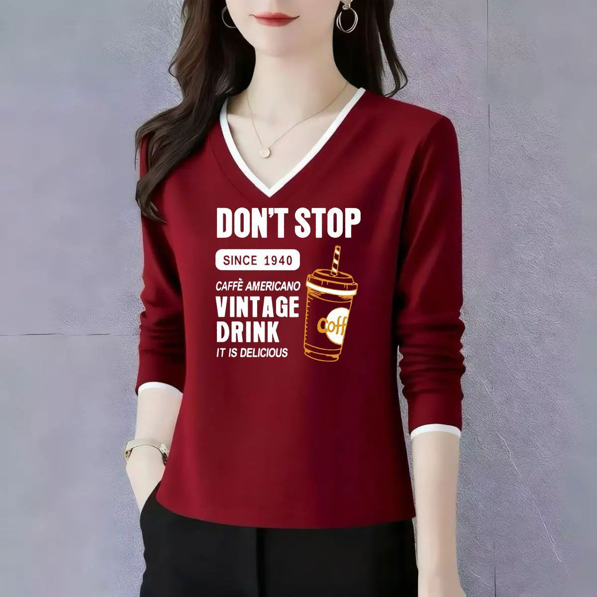 纯棉春秋新款长袖t恤女宽松显瘦V领拼接设计感百搭韩版打底衫上衣