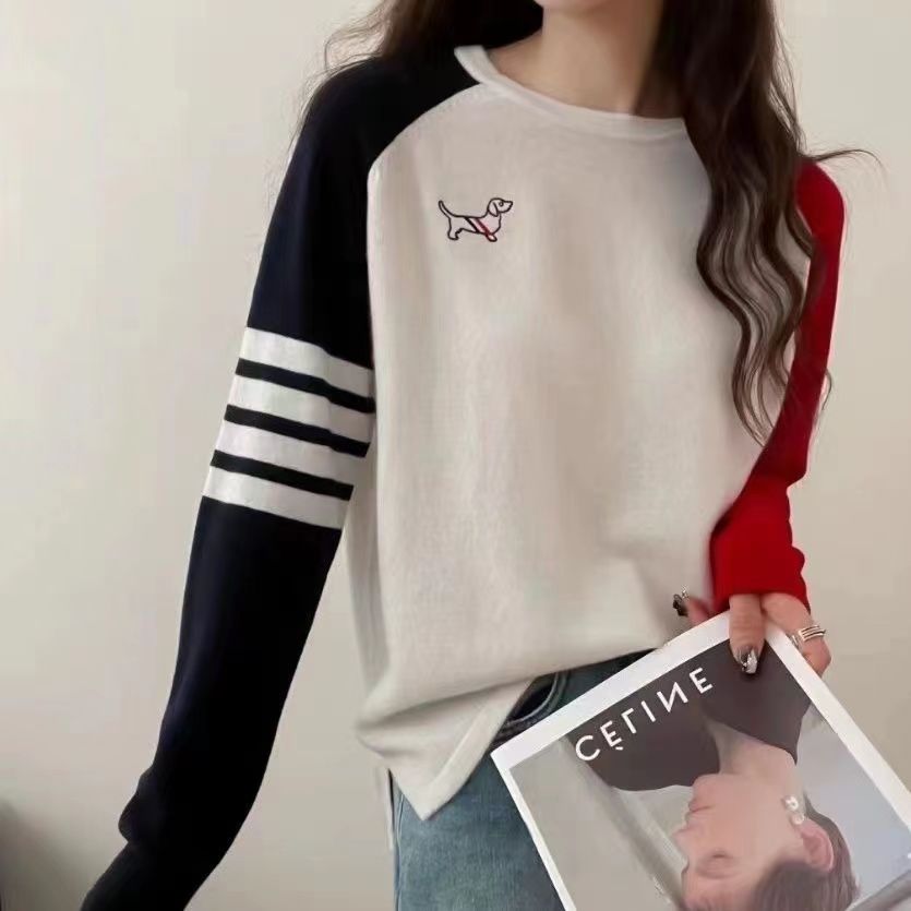 休闲圆领套头针织衫女2025春季学院风宽松百搭时尚撞色长袖上衣潮