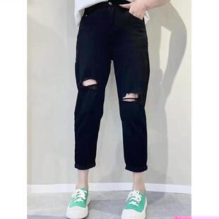 黑色破洞牛仔裤女2022薄款小个子八九分宽松高腰老爹裤显瘦哈伦裤