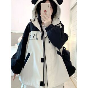 日系软妹可爱熊猫连帽冲锋衣外套2025春秋新款宽松百搭高级棉服女