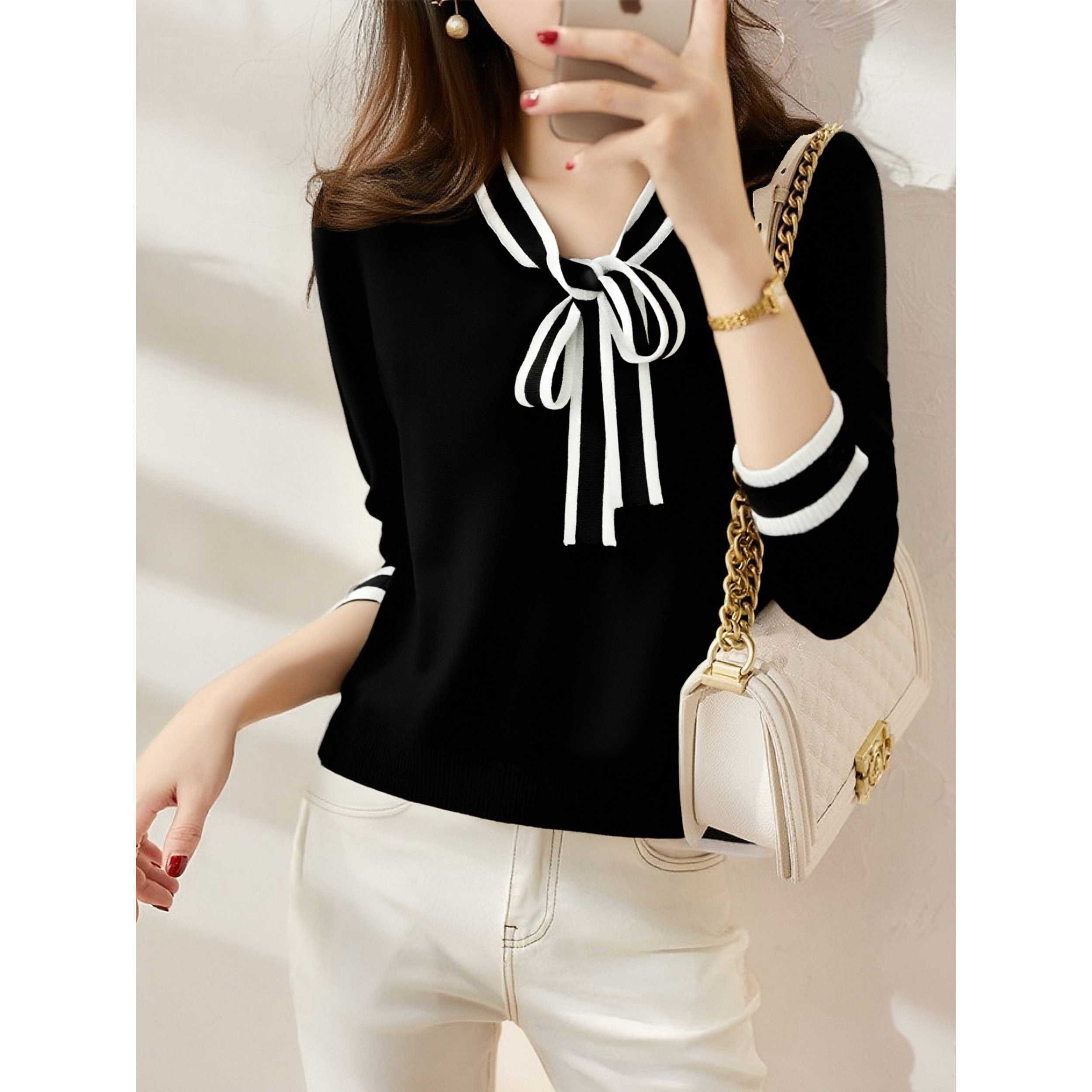 气质名媛V领拼接长袖针织衫女秋冬洋气小众宽松内搭保暖打底上衣