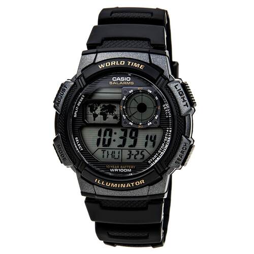 CASIO卡西欧AE1000W 1A男士黑色橡胶表带世界时手表