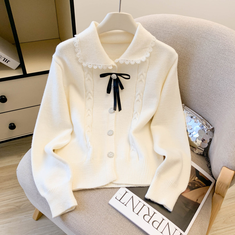 2025新款娃娃领针织衫女蕾丝蝴蝶结高级法式上衣
