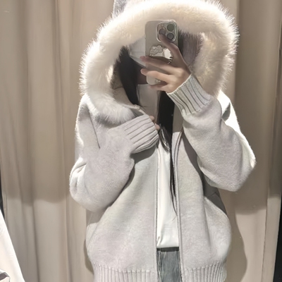 韩系慵懒随性灰色连帽毛领针织外套女冬季新款宽松加厚长袖毛衣潮