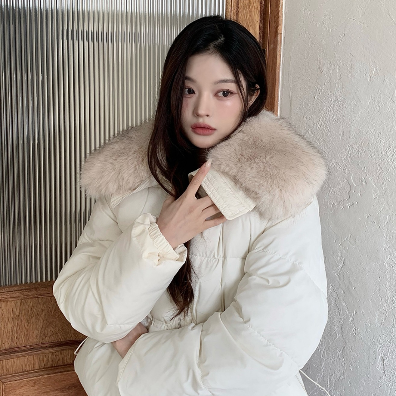 韩版仿 狐狸毛领羽绒棉服女冬季新款收腰显瘦宽松百搭外套