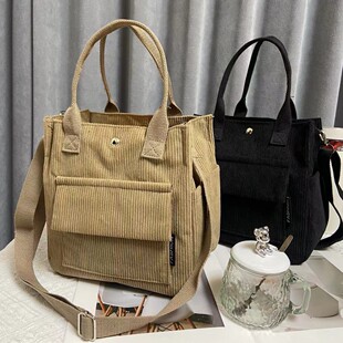 芭比万欣有型灯芯绒多口袋手拎斜挎托特包学生简约百搭手提便当餐