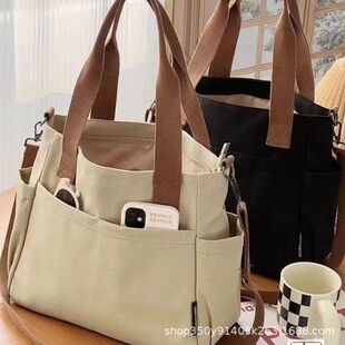 芭比万欣多口袋通勤包加厚帆布托特百搭文艺学生大容量单肩斜挎
