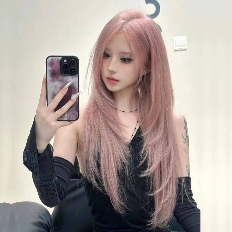 芭比芊涵假发女全头套长直发辣妹lolita甜酷cos中分高粉色假发
