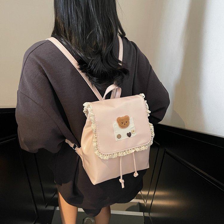 芭比韩创女甜美学院风可爱卡通小熊迷你双肩包芭蕾风蕾丝花边日常