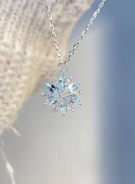 芭比馨容跨境闪钻天蓝色雪花项链女轻奢小众设计满钻项链圣诞