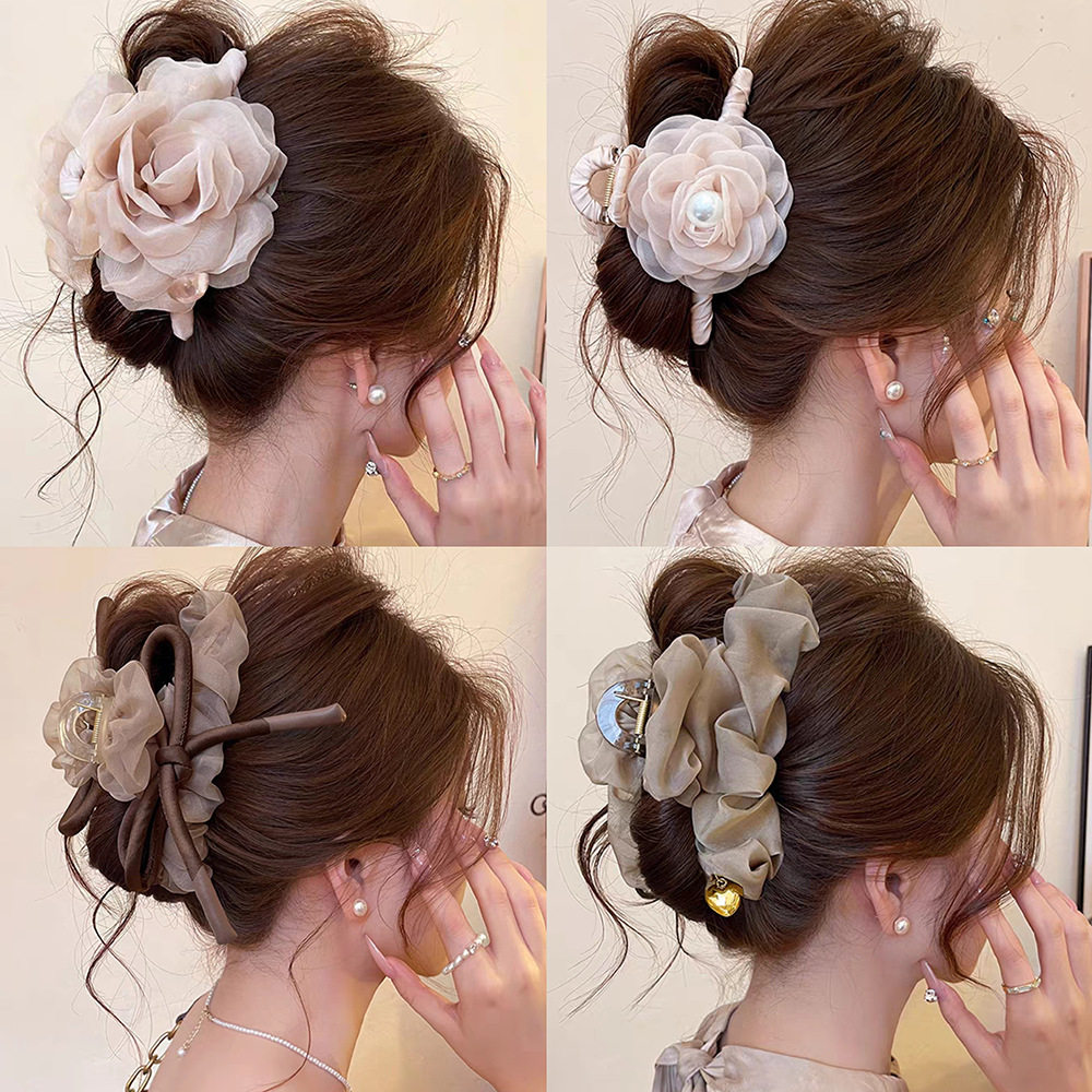 芭比佑成超仙网纱蝴蝶结发夹抓夹女2025新款玫瑰花后脑勺鲨鱼夹