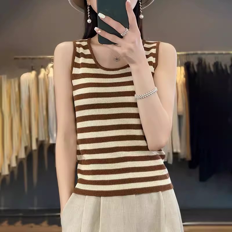 清河羊毛针织吊带背心女2025春夏新款修身外穿圆领内搭上衣条纹打