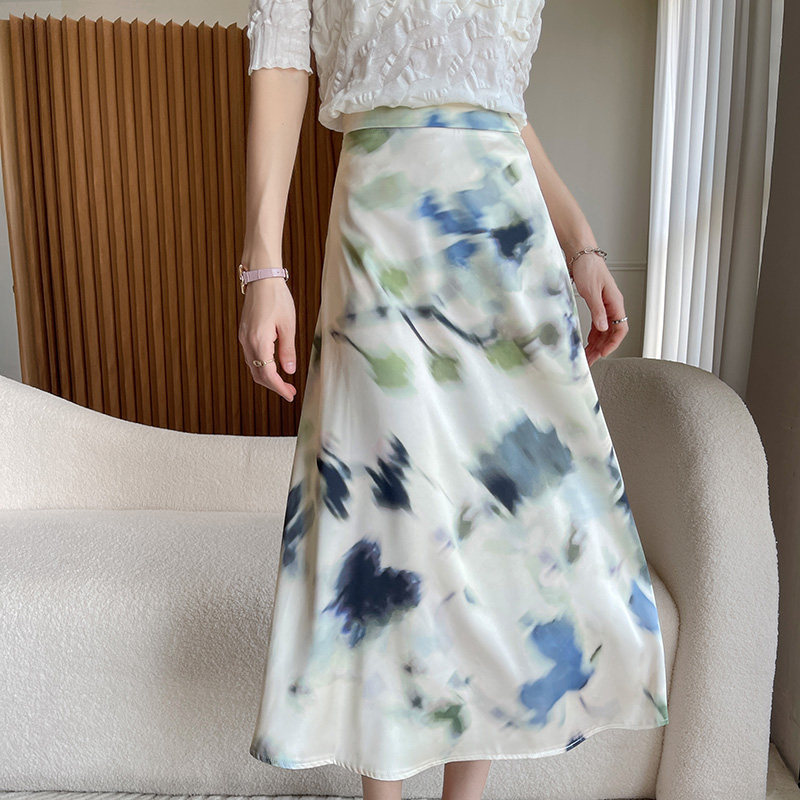 清河醋酸缎面真丝半身裙女2025春夏新款高腰A字中长款印花长裙
