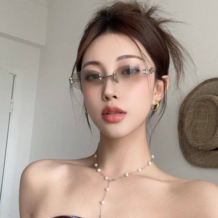 芭比目枫直播无框书呆子水银色墨镜女款潮时髦凹造型辣妹太阳镜