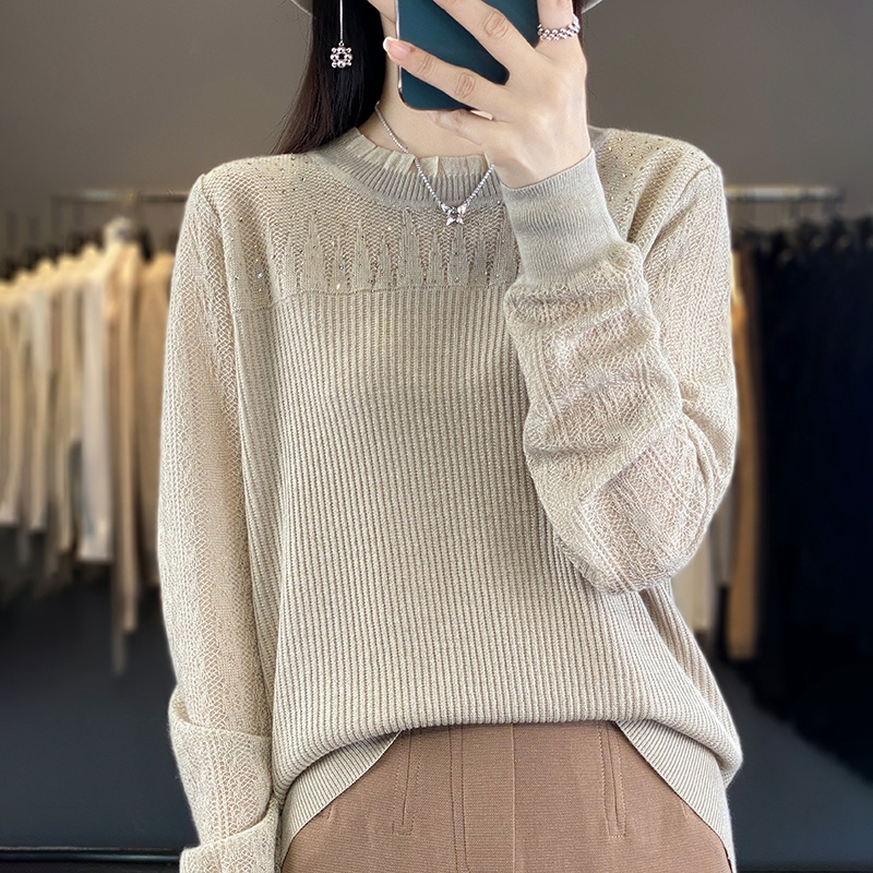 清河羊绒羊毛衫女半高领木耳边蕾丝镂空镶钻针织衫宽松上衣打底衫