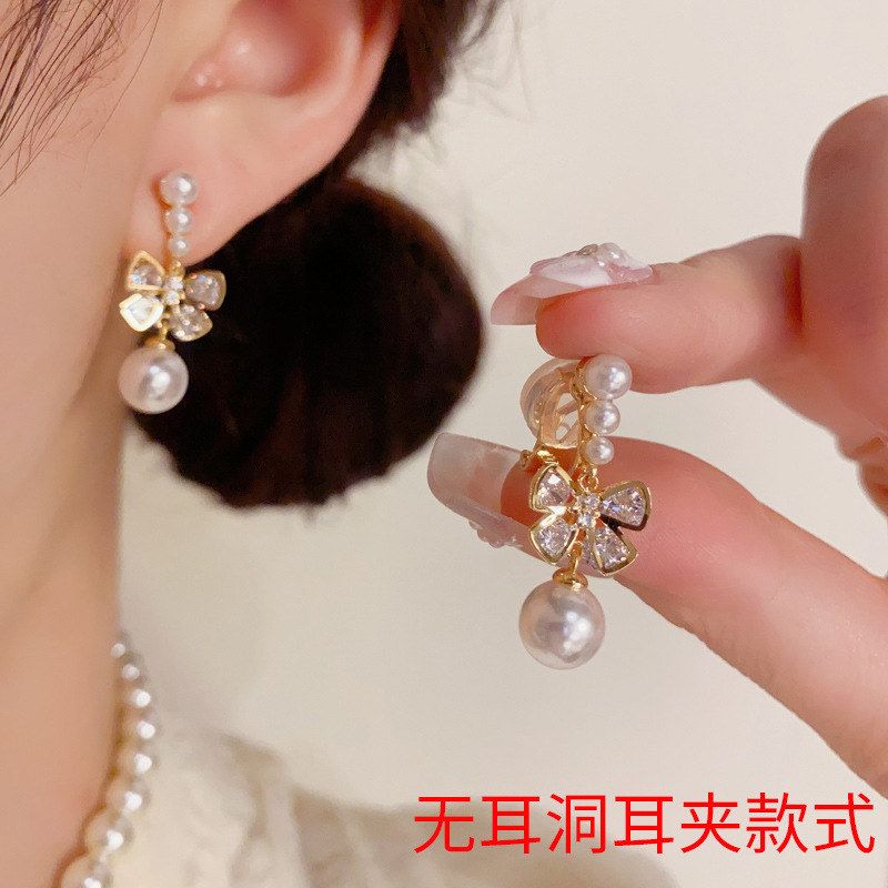 芭比巧欢甜美蝴蝶结珍珠耳环女高级感轻奢气质大气耳饰独特无耳洞