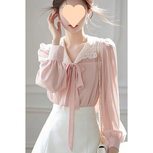 芭比碣石粉色高级感韩系设计感长袖衬衫女装雪纺小众蕾丝好看上衣