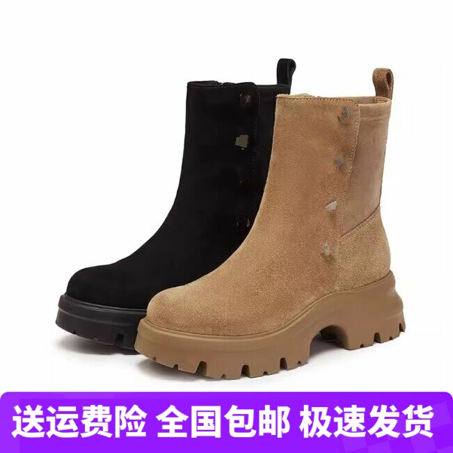 商场同款2025新款复古运动靴厚底中筒靴通勤黑色女短靴子EJA05DZ5