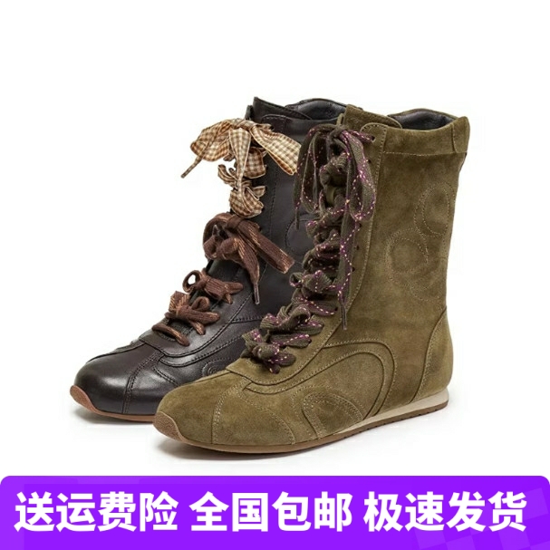 董洁同款秋日栗子2025新款羊皮复古马丁靴运动拳击靴高帮短靴女